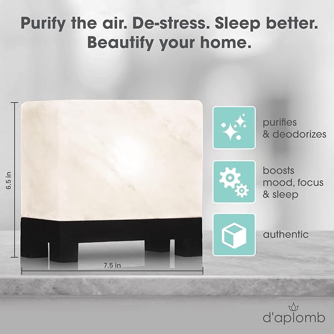 d'aplomb 100% Authentic Natural Himalayan Salt Lamp;Hand-Carved Modern Rectangle Rare White Crystal Rock Salt from The Himalayan Mountain; Footed Wood Base, Dimmer Cord; 11.5 lbs