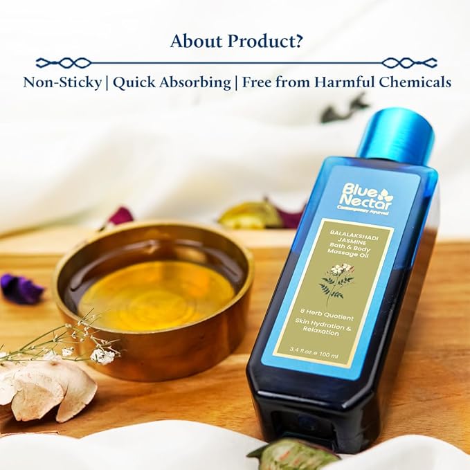 Blue Nectar Sensuous Jasmine Body Massage Oil for Relaxing Massage Therapy with Essential Oils | 100% Natural Ingredients (8 Herbs,3.4 fl oz) - Bloomnest