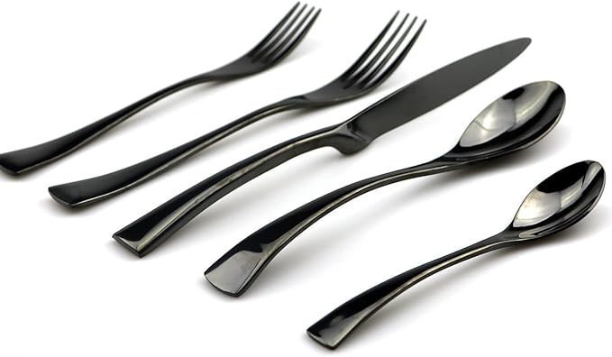 JASHII 18/10 Stainless Steel 20 Piece Mirror Polished Black Flatware Set,Dinner Knife Fork Salad Fork Dessert Spoon Coffee Spoon，Service for 4 ，Black Utensil Sets - Bloomnest