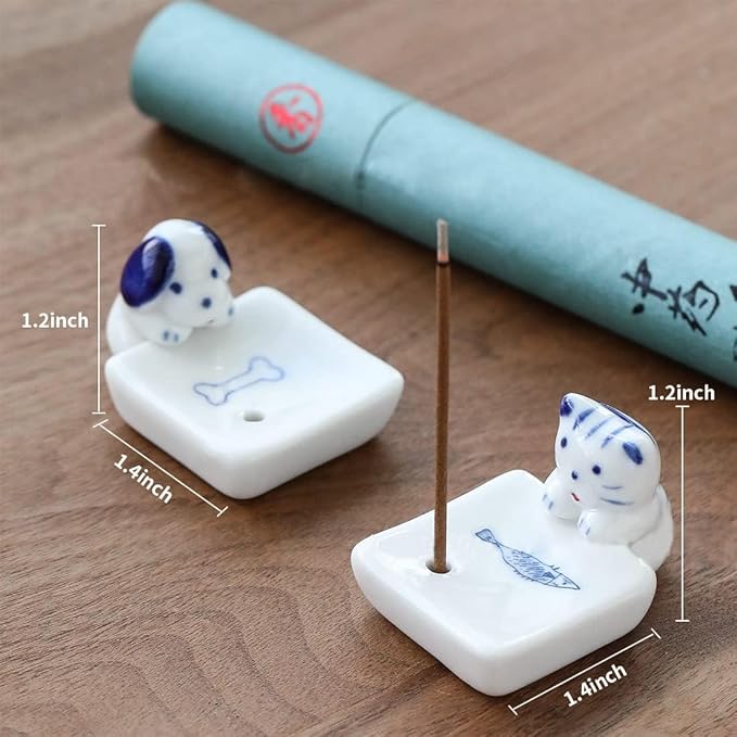 Set of 2, Japanese Mini Cute Kitty Cat with Dog Handmade White Ceramic Incense Stick Holder or Incense Burner Holder, Inscent Tray for Home Decor Yoga Spa Meditation, 1.42 inches - Bloomnest
