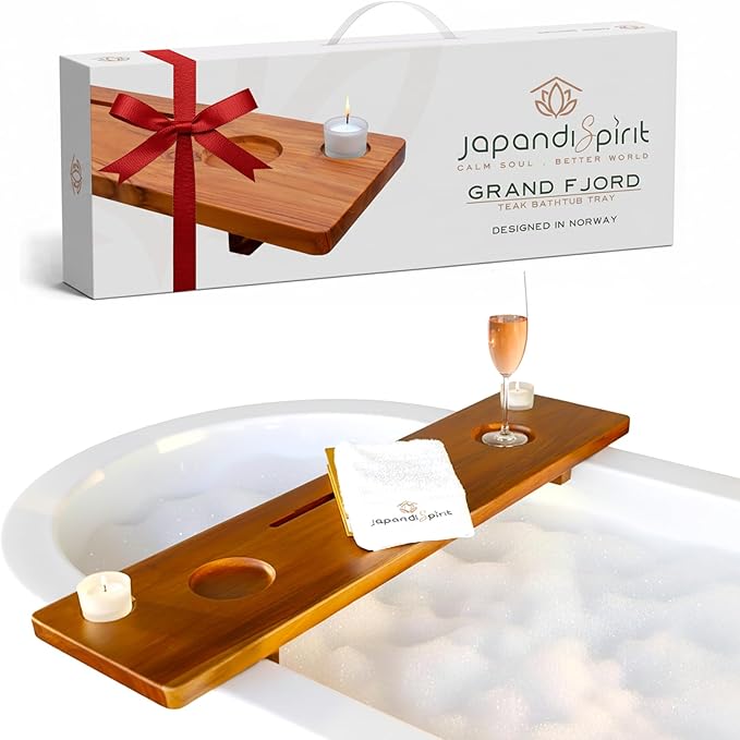 Grand Fjord | Teak Bathtub Tray for Large Soaking Tub | Extra Long 35” Luxury Bath Caddy for Freestanding Tubs | Minimalist Wooden Tub Tray with Candle Holders & Premium Towel by JapandiSpirit - Bloomnest