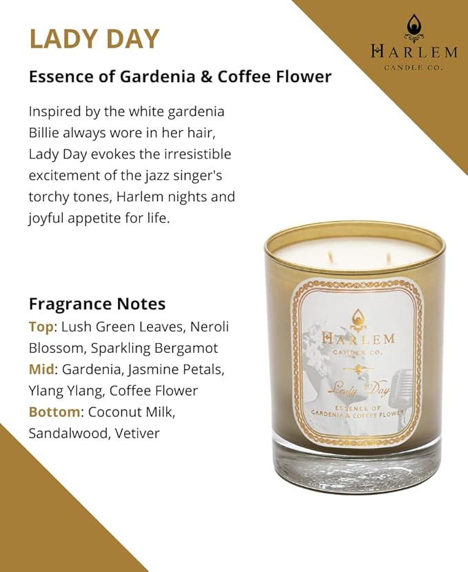 HARLEM CANDLE CO. Lady Day - Luxury Scented Soy Candle, 11 oz - 80-Hour Burn Time | Gardenia, Jasmine, Lush Green Leaves, Neroli Blossom, and Coconut Milk | Scented Candles for Home - Bloomnest
