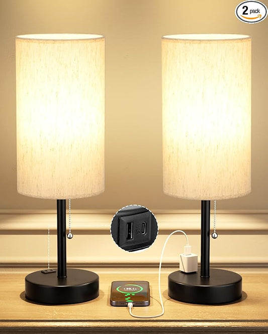 Fenmzee Plus Bedside Table Lamps Set of 2-3 Color Temperatures Pull Chain Lamp with AC Outlet Charging Port, Round Night Stand Lamps for Bedroom Guest Room Office, Bed Side Light with E26 LED Bulbs - Bloomnest