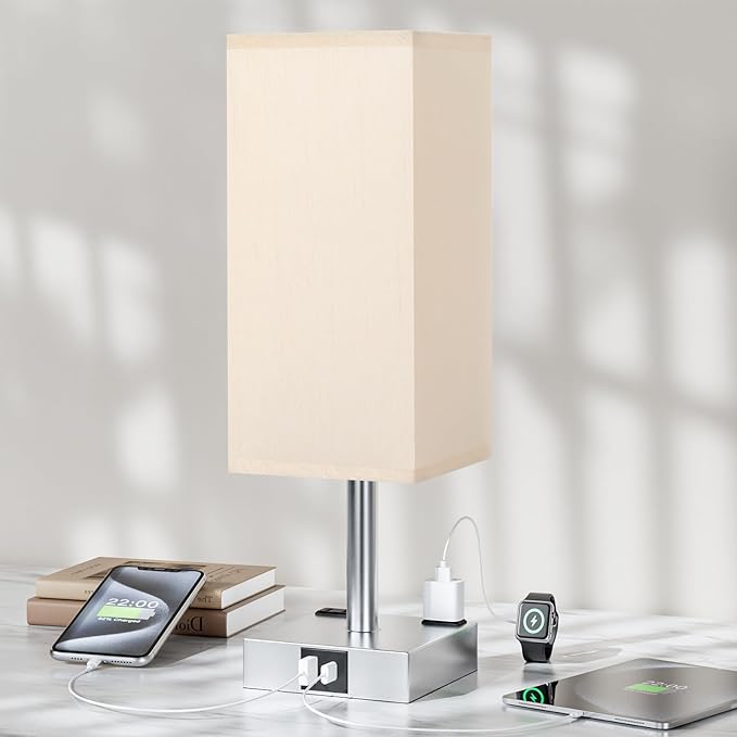 Touch Bedside Table Lamp for Nightstand - 3-Way Dimmable Night Lamp with USB A + Type C Charging Ports and Two AC Outlets, Small Desk Light with E26 LED Bulb for Bedroom Living Room Dorm Office - Bloomnest