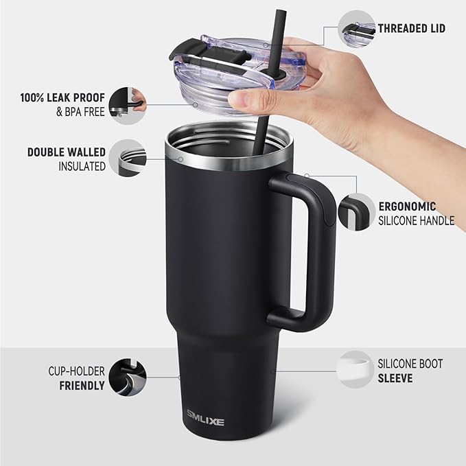 40 oz Tumbler with Handle and Straw Lid,Insulated Reusable Stainless Steel Water Bottle Travel Mug，Cupholder Friendly Double Wall Vacuum Sealed Cup (Black) - Bloomnest