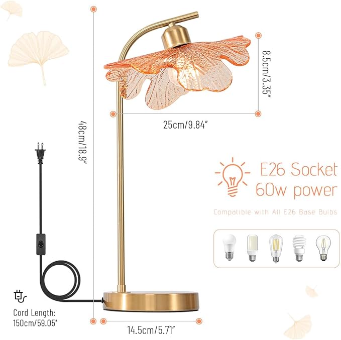 Mid Century Modern Table lamp Bedside Table Lamps with Touch Switch Amber Glass Tall Table lamp Gold Desk lamp nightstand lamp Small Table lamp for Bedroom Living Room Office - Bloomnest