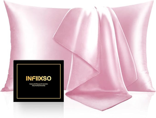 INFIIXSO Mulberry Silk Pillow Cases King Size Set of 2, Silk Pillowcase with Hidden Zipper 20"x36", Extraordinary Smooth and Soft Pillow Case for Hair and Skin(Pink, 2 Pack) - Bloomnest