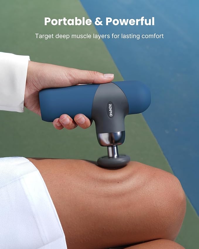 RENPHO Mini Thermal Massage Gun with Heat, Christmas Birthday Gifts for Women Men, Portable Deep Tissue Percussion Massager, Color Silicone Sleeves Travel Size with Carry Case, Aegean Blue - Bloomnest