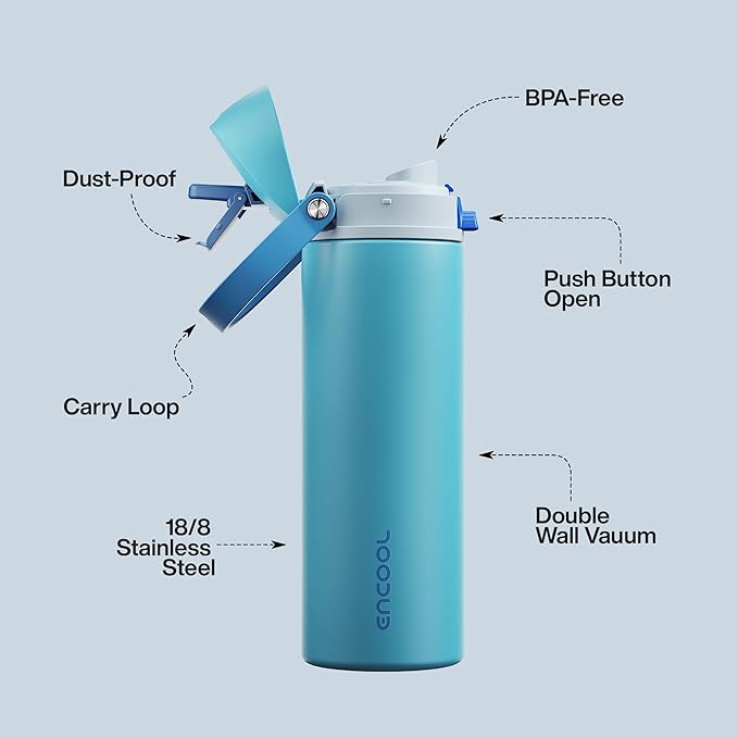 Insulated Water Bottle with Straw - Encool Stainless Steel Water Bottle with Push Button Lid, Leak-Proof & BPA-Free, Keeps Cold for 24 Hours for Sports, Travel, Gym (24 oz, Silk Blue) ENCOOL