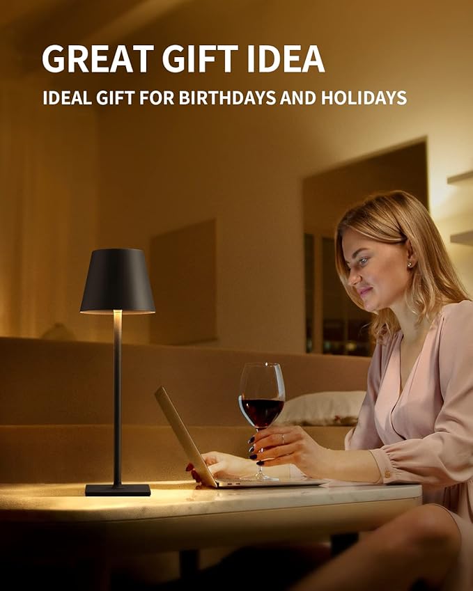 KDG Cordless Table Lamp, Portable LED Desk Lamp, 5000mAh Battery Operated, 3 Color Stepless Dimming Up, for Restaurant/Bedroom/Bars/Outdoor Party/Camping/Coffee Shop Atmosphere Night Light(Black) - Bloomnest