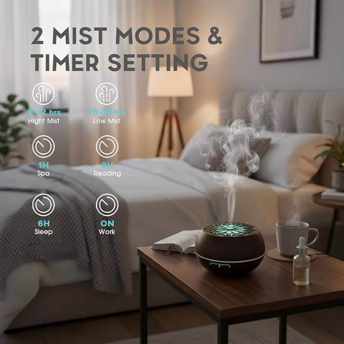 550ml Large Capacity Essential Oil Diffuser with 6 Aromatherapy Oils Set,Ultrasonic Air Humidifier with Timer and 7 Color LED Night Light Waterless Auto-Off Dark Wood Grain - Bloomnest