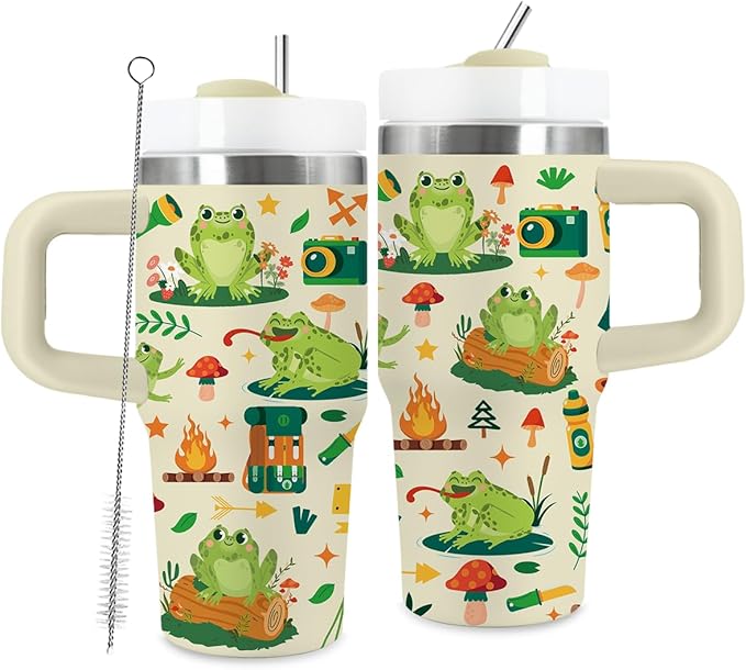 14oz Frog Tumbler with Handle and Straw for Kids, Stainless Steel Vacuum Insulated Tumblers, Fathers Day Birthday Gifts for Frog Lover, Men, Son, Daughter - Bloomnest