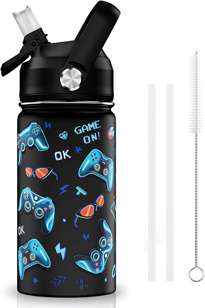 14oz Kids Insulated Water Bottle with Straw Lid - 18/8 Stainless Steel Kid Cup Travel Tumbler Double Wall Vacuum Leak Proof Portable Toddler Water Bottle (Game) - Bloomnest