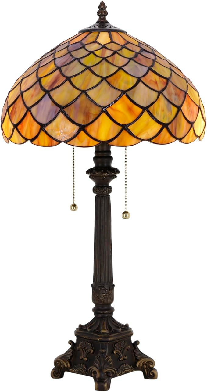 Tiffany Lamp Fish Scales Style Stained Glass Table Lamp Desk Reading Light 12X12X21 Inches with Resin Base Decor Bedroom Living Room - Bloomnest