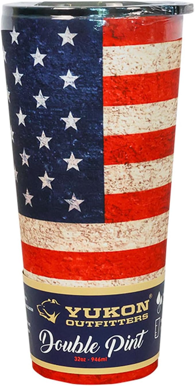 Yukon Outfitters 32oz Double Pint Double Wall Vacuum Insulated Stainless Steel Tumbler with Three Flow Lid | For Hot or Cold Beverage | Fits Most Cup Holders, USA Flag