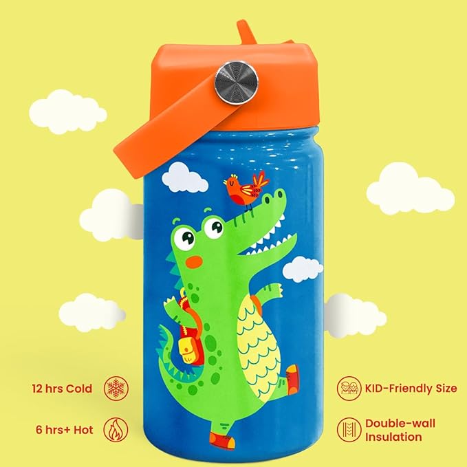 SANDJEST Crocodile Water Bottle - Kids Water Bottle with Straw Lid - 12 Oz Insulated Stainless Steel Water Bottles for Kid Boys - Travel Cup for School Sports - Bloomnest