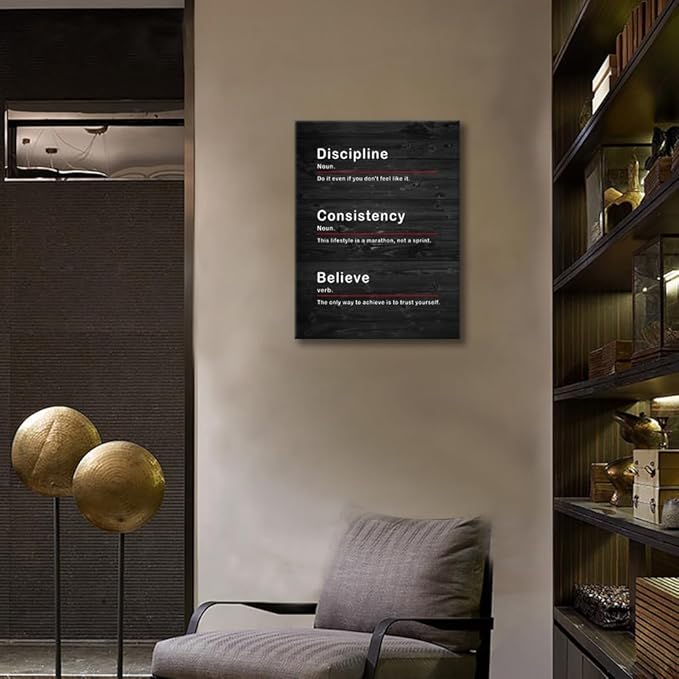 Motivational Wall Art Discipline Consistency Noun Inspirational Poster Inspiring Canvas Painting Artwork for Office Living Room Believe Verb Prints Pictures Modern Home Decor Framed[18''W x 24''H] - Bloomnest