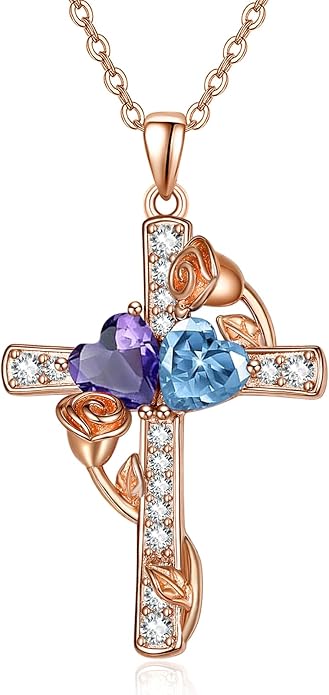 Rose Gold Dual Birthstones Cross Necklace for Women Rose Flower Jewelry Anniversary Christmas Mother's Valentine's Day Birthday Gift for Wife Girlfriend Mom - Bloomnest