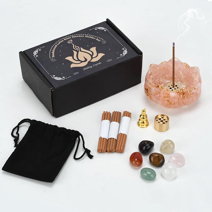 Crystal Lotus Incense Holder Set, Decorative Lotus Flower Decor Bowl 3.15x3.15x1.5 Inch, Incense Sticks Cones Holder with Ash Catcher (Pink)