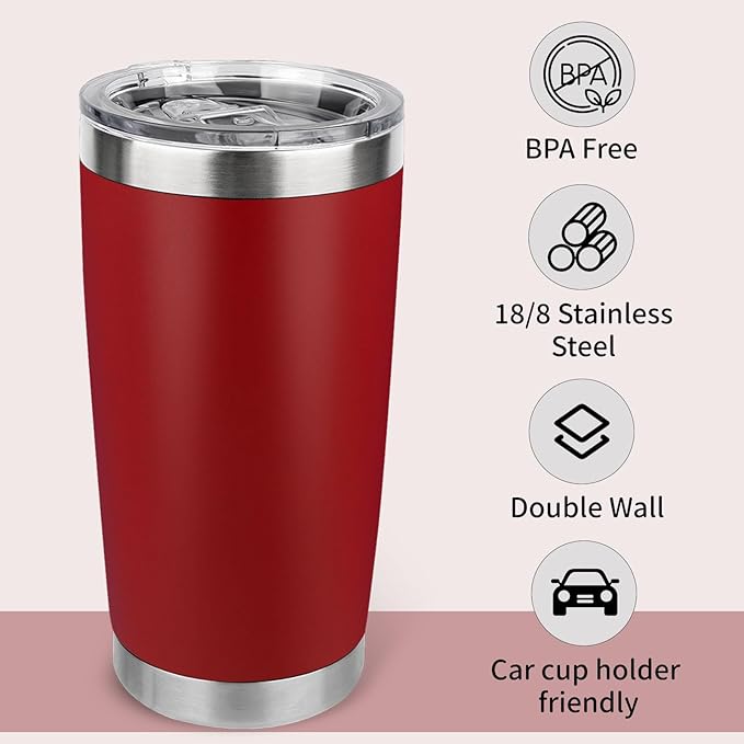 20oz Stainless Steel Tumbler with Lid, Travel Mug - Double Wall Vacuum Powder Coated Cup - Red, 1 Pack - Bloomnest