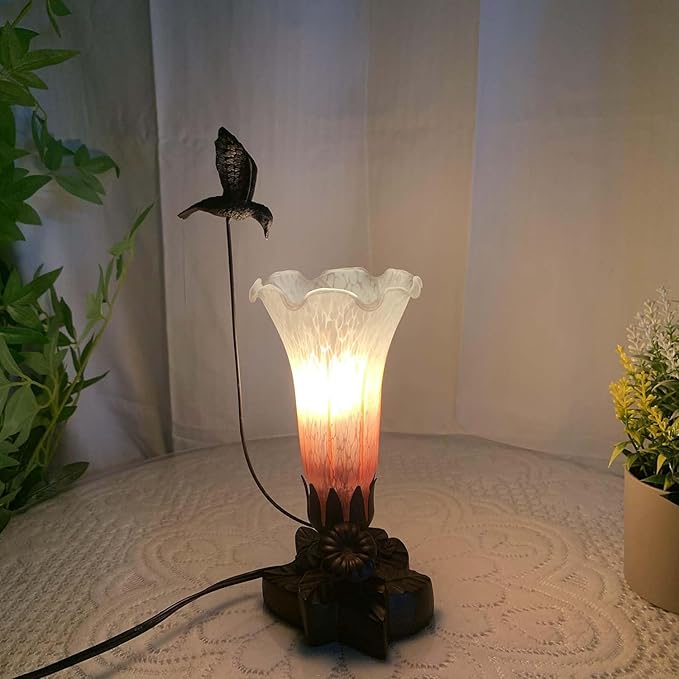 Bieye LL01 Hummingbird Flying Over Lily Flower Blown Glass Table Lamp for Home Decor (Orange White, 4.25Wx12H)