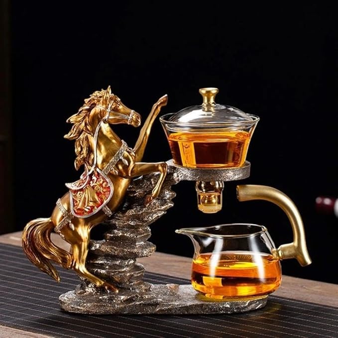 Glass Kungfu Teapot Set Tea maker with Infuser Semi Automatic Tea Set (Golden red horse) - Bloomnest