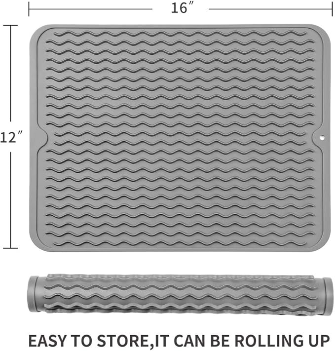 Silicone Dish Drying Mat for Multiple Usage,Easy clean,Eco-friendly,Heat-resistant Silicone Mat for Kitchen Counter or Sink,Refrigerator or drawer liner Grey L 16 inches x 12 inches - Bloomnest