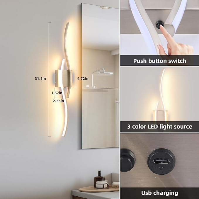 Battery Operated Wall Sconce, Silver USB Rechargeable Wireless Sconces set of 2, LED Dimming Wall Lamp 3 Color/Timer/Memory, 31.4 Inch Brushed Nickel Wall Lights for Bedroom Living Room Hallway - Bloomnest