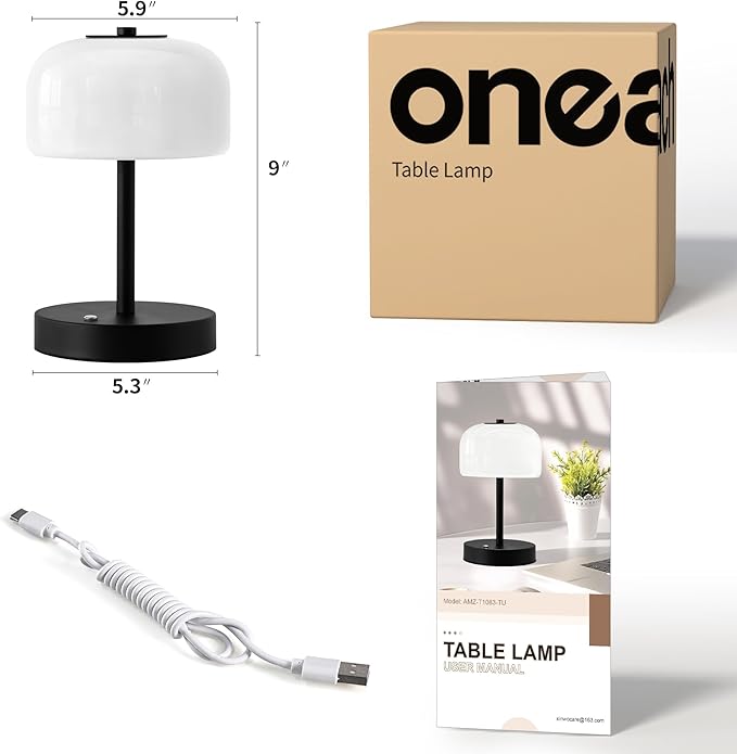 Oneach 9" Small Portable Cordless Table Lamp, 3-Way Dimmable Touch Rechargeable Battery Powered Mushroom Lamp Bedroom Dining Table Living Room Shelf Decor, Black - Bloomnest