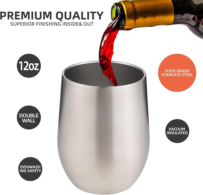 12 oz Insulated Wine Tumbler with Lid and Straw,Stainless Steel Stemless Wine Tumbler Glasses Double Wall Vacuum Wine Cups Tumbler for Coffee,Champaign,Cocktail,Office（Silver,1） - Bloomnest