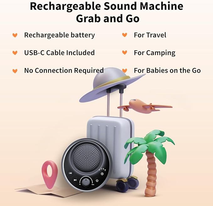 Rechargeable Portable Brown Noise Machine 2000mAH Large Battery Sound White Noise Machine 30 Soothing Sounds for Baby Kids Adults Sleep Machine Auto-Off Timer for Travel Camping and Home - Bloomnest