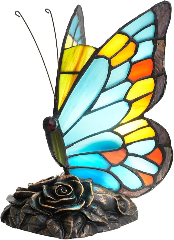 Sky Blue and Orange Bedside Lamp Cute Fun Butterfly Small Tiffany Lamp Vintage Style Stained Glass Table Lamp for Bedroom Dorm Decor Unique Nightstand Night Light Kids Gift Desk Lamps Rose Base - Bloomnest