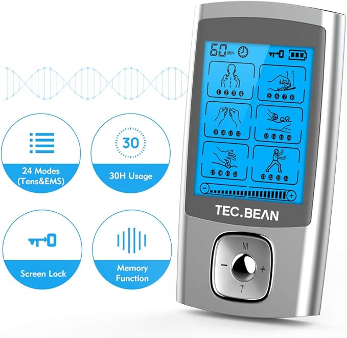 24 Modes Tens Unit Muscle Stimulator, Rechargeable Tens Machine with 8 Electrode Pads (American Gel), Electric Pulse Massager for Pain Relief Therapy