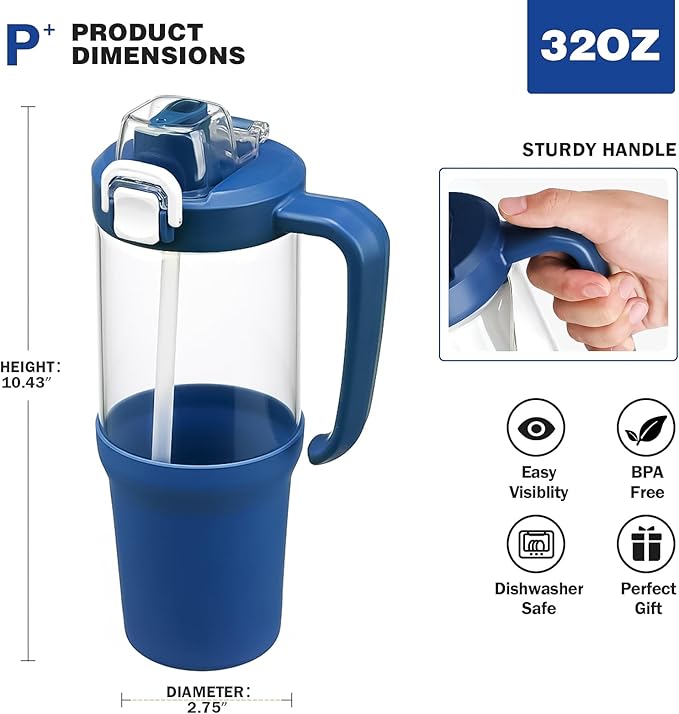 32 oz Glass Tumbler with Handle, 2-in-1 Straw and Sip Spout, Leakproof, BPA-Free Glass Water Bottle for Sports, Office, School, DBlue - Bloomnest