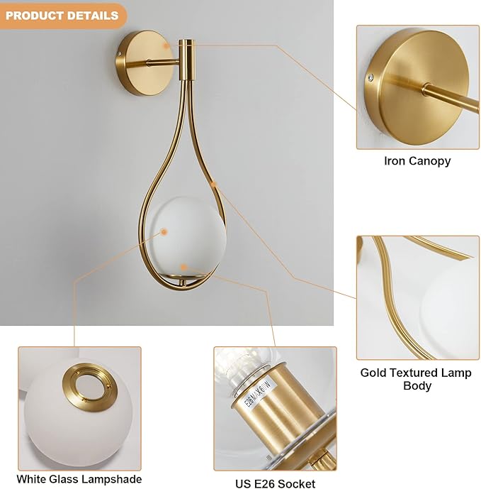 Modo Lighting Globe Glass Wall Sconce Modern Mid Century Drop Design Wall Mounted Light Brushed Brass Wall Lamps Wall Washer for Bedside Living Room (1 Pack,Gold) - Bloomnest