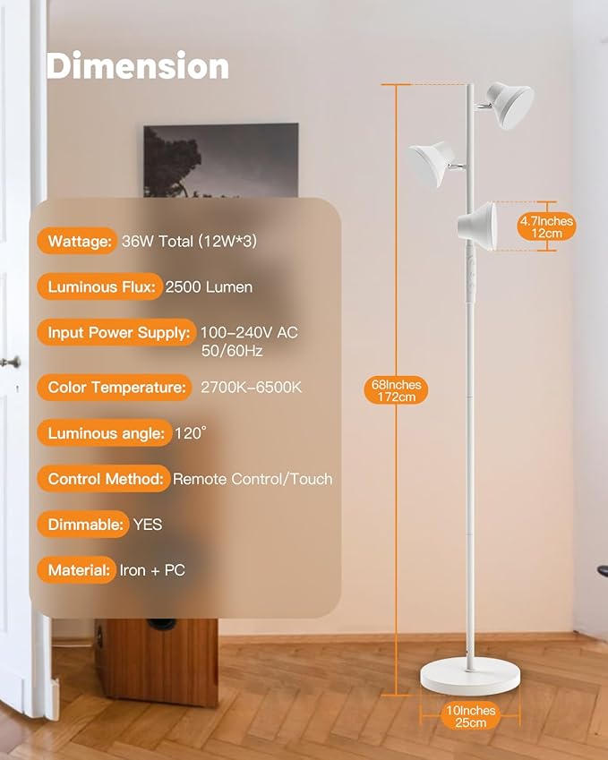 White Floor Lamp, 36W Modern Dimmable Standing Lamp 2700-6500K, 3 Rotatable LED Lights Reading Tall Lamp, Touch & Remote Control Floor Lamps for Living Room Bedroom Office - Bloomnest