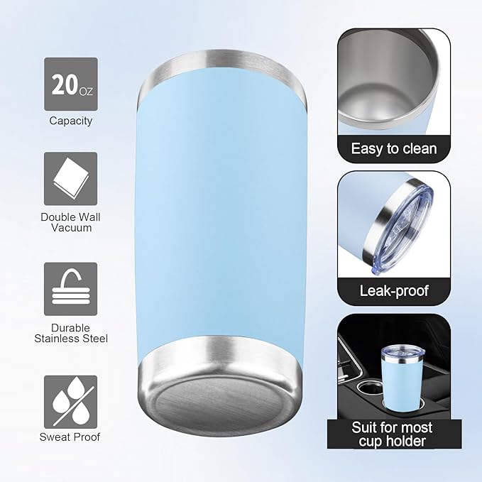 20oz Tumbler with Lid and Straw Double Wall Powder Coated Vacuum Insulated Coffee Tumbler Stainless Steel Insulated Travel Coffee Mug Spill-Proof Thermal Cup for Hot and Cold Beverage,Baby Blue - Bloomnest