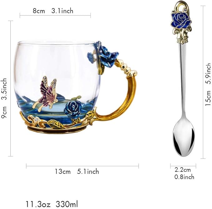 Luka Tech Enamels Butterfly flower Lead-free Glass Coffee Mugs Tea Cup with Steel Spoon, personalised Gifts For Women Wife Mom Friends Birthday Mothers Valentines Day Wedding (Blue) - Bloomnest