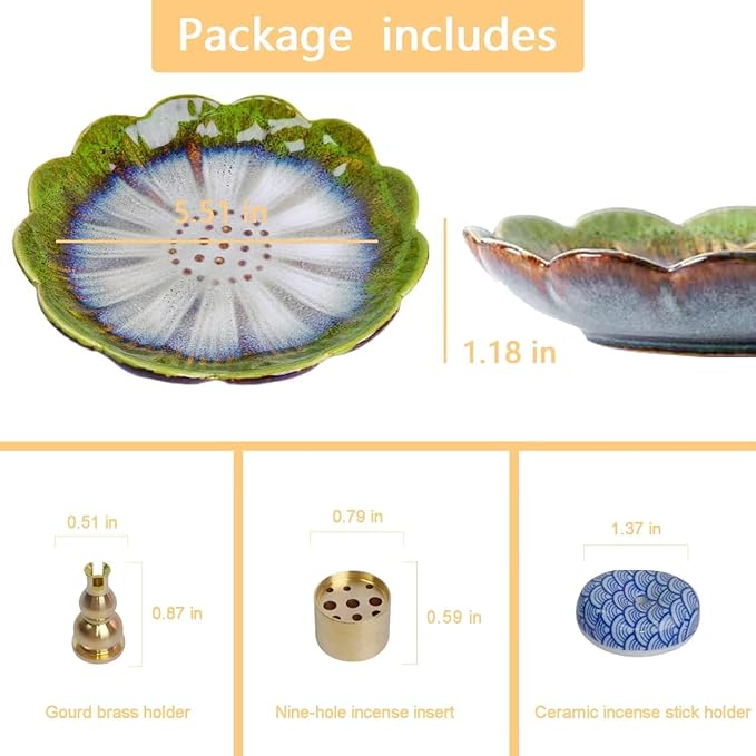 Ceramic Incense Holder for Sticks, Handmade Incense Burner Trays with 3 Pcs Incense Holes, Multi-Purpose Ash Catcher for Coils, White Sage & Palo Santo, Smudge Bowl for Meditation, Yoga, Decor (Green)