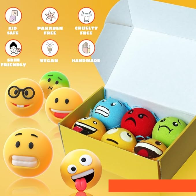 Large Emotion Face Bath Bombs Set of 6 – Fun Emoji-Inspired Spa Fizzies – Handmade with Shea Butter, Cocoa Butter & Essential Oils – Moisturizing Gift Set for Women, Men & Kids - Bloomnest