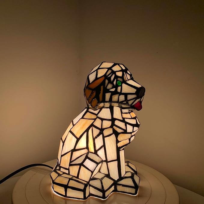 Bieye L10886 Tiffany-Style Stained Glass Dog Accent Table Lamp - 9.5-Inch Tall - Adorable Cream Dog Patiently Awaiting a Treat - Bloomnest