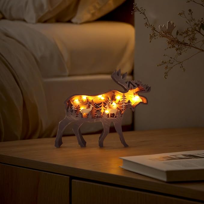 Drawelry 3D Wood Carving Animals Lamp Home Decorative, Cute Bear Family Elephant Presents Ideas Christmas Living Room Office Decor Warm LED Night Lights Gift for Friend Daughter Son Mom Dad (Moose) - Bloomnest