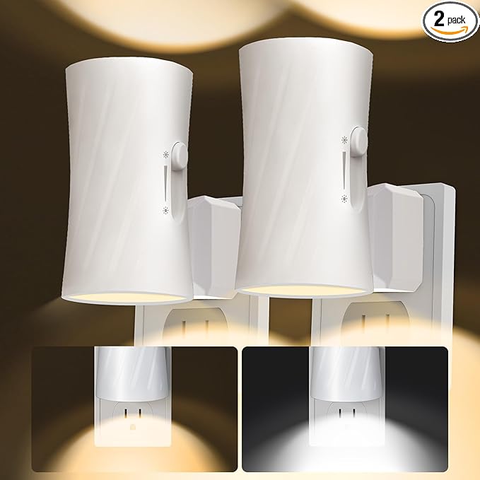 Led Night Lights Plug into Wall, 3000K/5000K Switchable, 2 Pack, Plug in Night Light, 0-100LM Dimmable Night Light, Modern Nightlights, Dusk To Dawn Sensor for Bedroom Bathroom Kitchen Stairs - Bloomnest