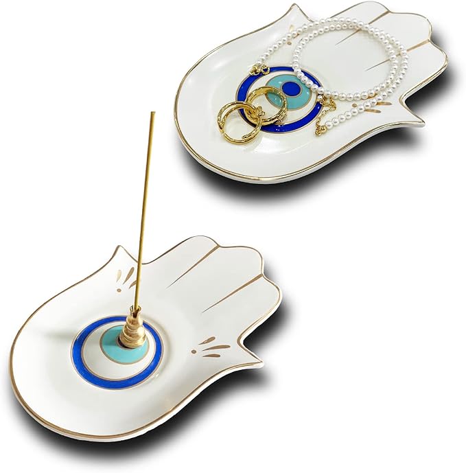 Ceramic Hamsa Hand Incense Holder - 2 in 1 Brass Incense Holder for Sticks and Coil Incense- Zen Decor with Hand of Fatima Design Protection from Evil - 6.2" L X 4.5" W (WhiteEye) - Bloomnest