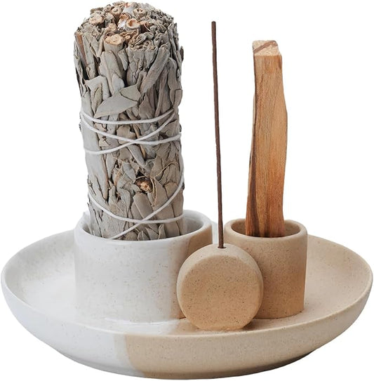 4 in 1 Incense Holder, Ceramic Incense Stick and Palo Santo Holder,Sage Holder for Burning- 5.5" Ceramic Ash Catcher Tray for Meditation and Yoga Room (White Sand) - Bloomnest