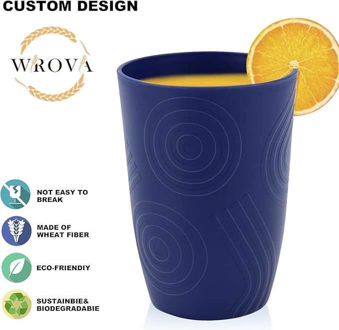 Wrova Wheat Straw Cups 16oz set of 8 - Alternative Plastic Cups Dishwasher Safe - Plastic Drinking Cups Unbreakable for Kids - Ocean Series - Bloomnest