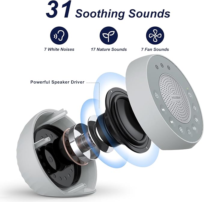 Housbay Glows White Noise Sound Machine, 31 Soothing Sounds, 5W Loud Stereo Sound, Sleep Timer, Small Travel Sleep Machine & Noise Canceling for Sleeping, Relaxation-Gray - Bloomnest