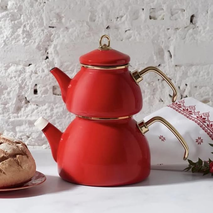 Karaca Retro Turkish Teapot for Stovetop, 1.1L Turkish Tea Pot & 2.3L Kettle, Dishwasher Safe, Induction Tea Pot Set, Vibrant Color Lasting Enamel, Samovar Style, Red - Bloomnest