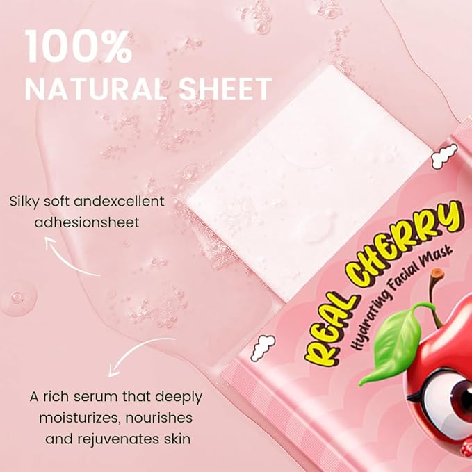 8 Pack Cherry Face Mask,Pink Face Masks Skincare Spa Day Kit Supplies,Spa Party Favors for Women,Sheet Facial Mask Skincare Gifts Set,Moisturize Soothe for All Skin Types - Bloomnest