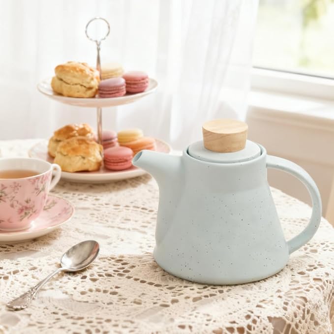 TETWIN Ceramic Teapot with Infuser, 25oz Blue Tea Pot with 8 Loose Leaf Tea Samplers Gift Set – Small Teapot for Full Leave Tea, Elegant Nordic Design, Dishwasher Safe